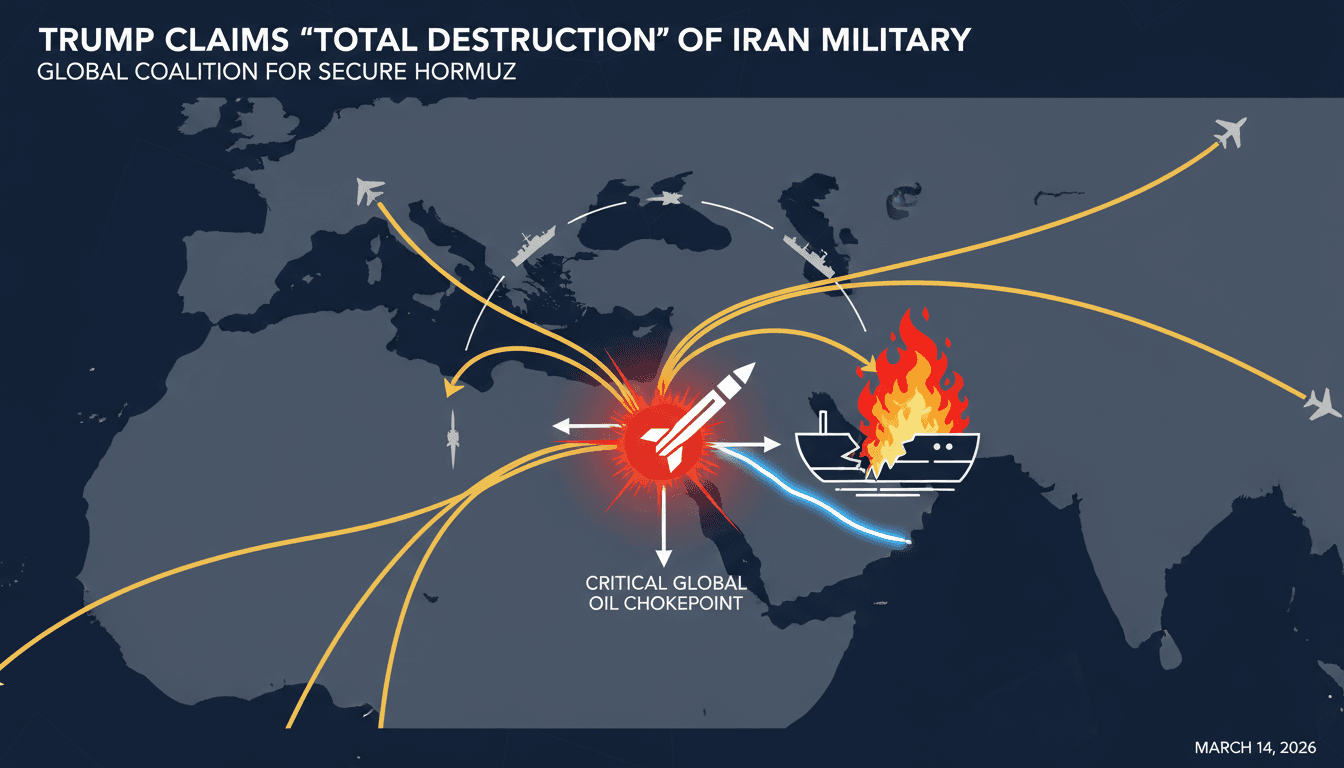 Trump Claims Total Destruction of Iran's Military Capabilities and Calls for Coalition to Secure Hormuz