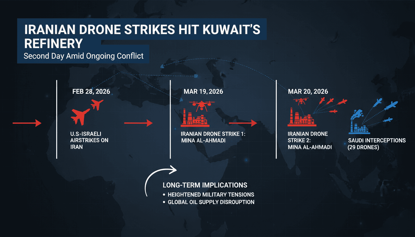 Iranian Drone Strikes Hit Kuwait's Mina al-Ahmadi Refinery for Second Day Amid Ongoing Conflict