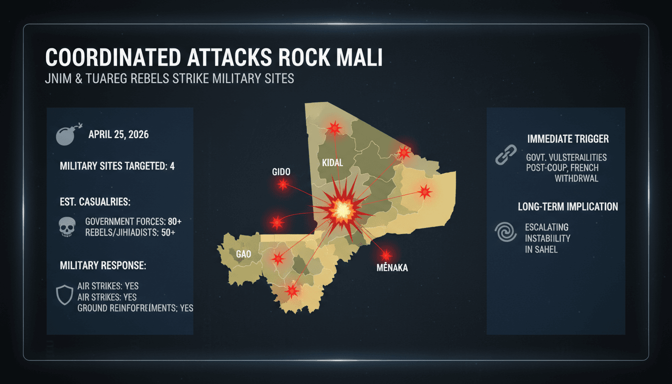 Coordinated Attacks by JNIM and Tuareg Rebels Target Military Sites Across Mali