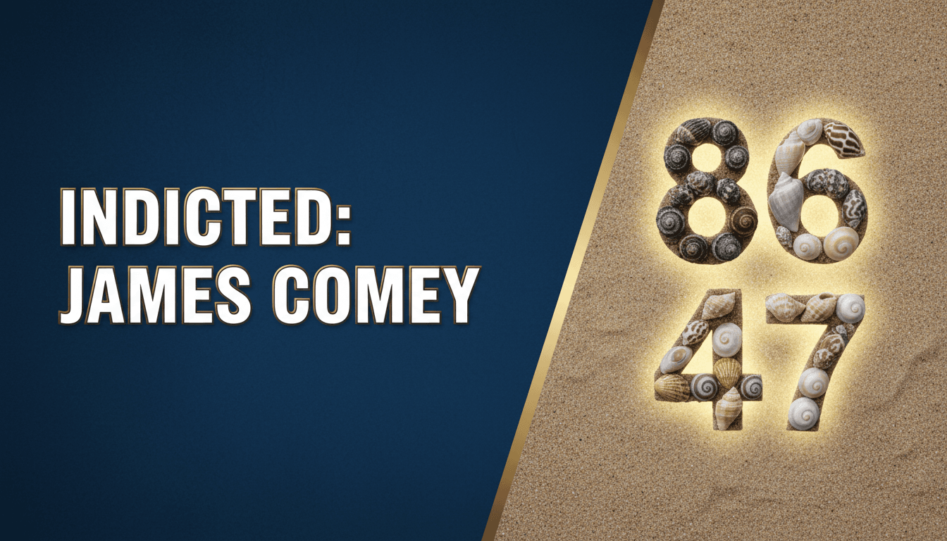 A graphic showing seashells arranged to form '86 47' with the text "Indicted: James Comey".