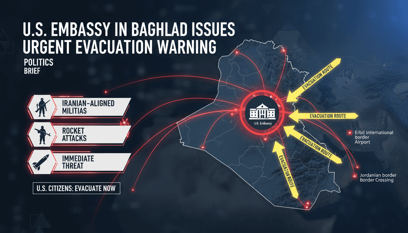 U.S. Embassy in Baghdad with a warning sign for American citizens