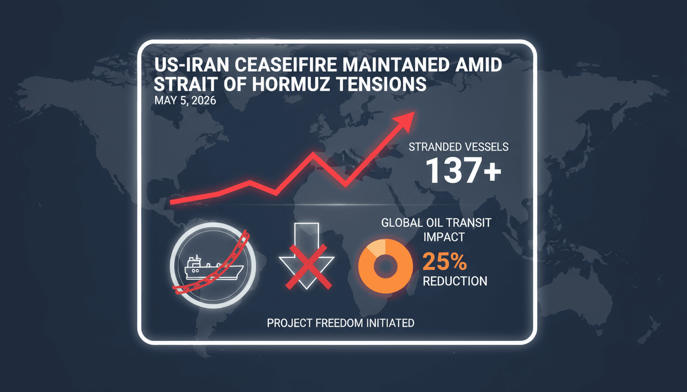 Infographic illustrating the US-Iran ceasefire and its impact on global oil transit and shipping routes.