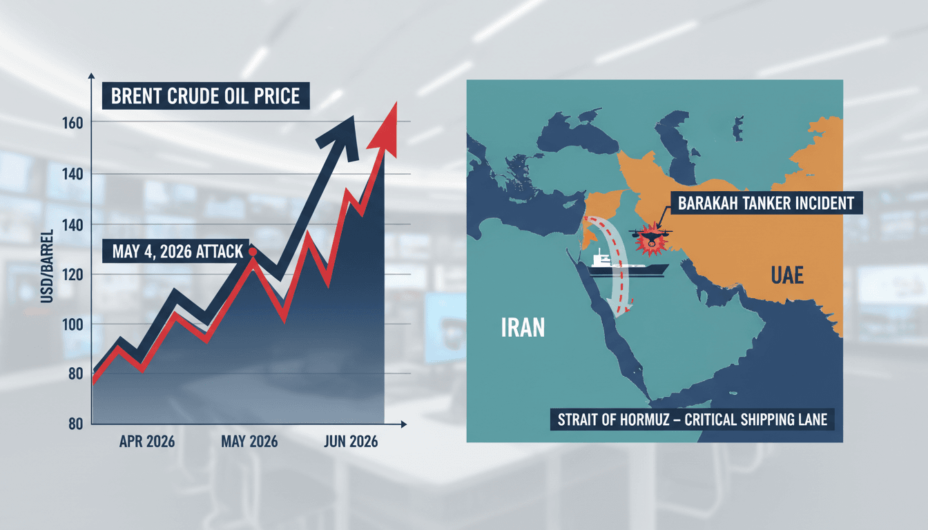Map of the Strait of Hormuz with oil price surge data following the Iranian drone attack on the UAE tanker Barakah.