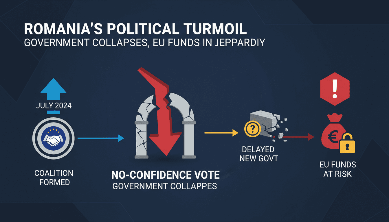 Illustration of Romania's political landscape and EU funding concerns.
