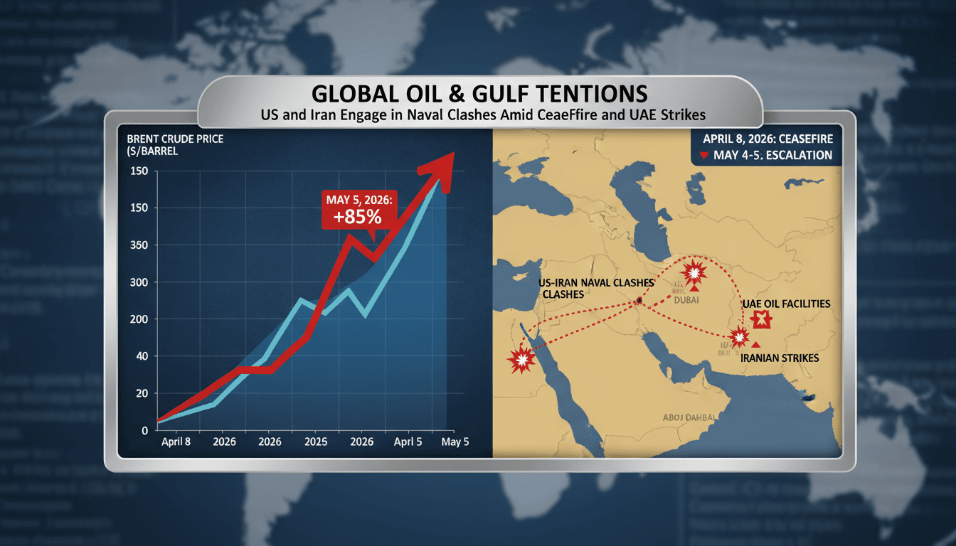 Map of the Strait of Hormuz showing conflict zones and oil price impact due to US-Iran tensions.