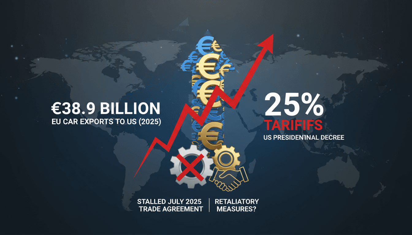 Infographic illustrating the €38.9 billion value of EU car exports to the US and current tariff rates.