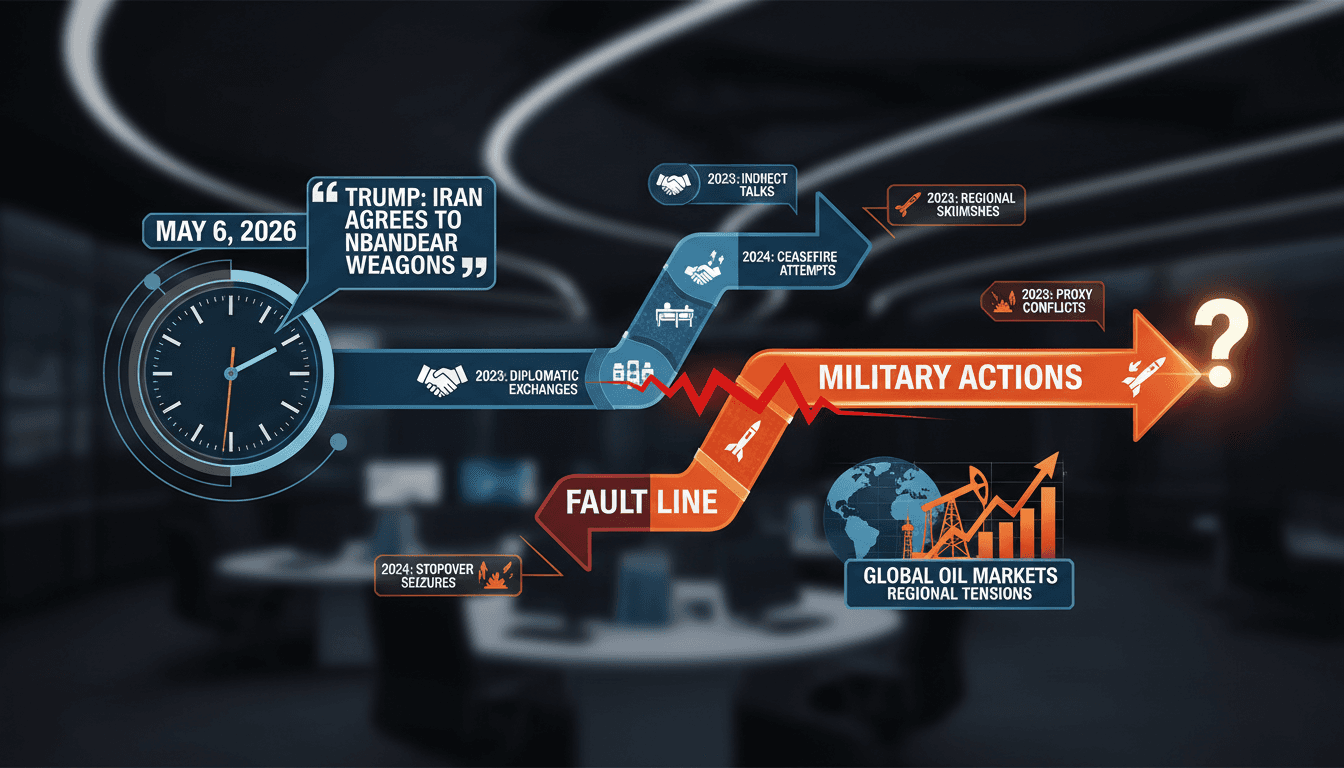 A graphic illustrating Trump's claim about Iran's nuclear weapons program and its implications for global markets.