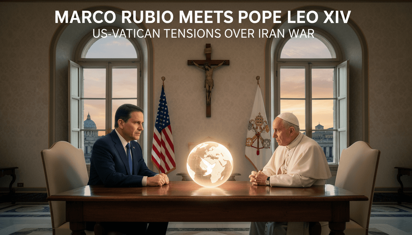 Marco Rubio and Pope Leo XIV in a diplomatic meeting at the Vatican, addressing US-Iran tensions.