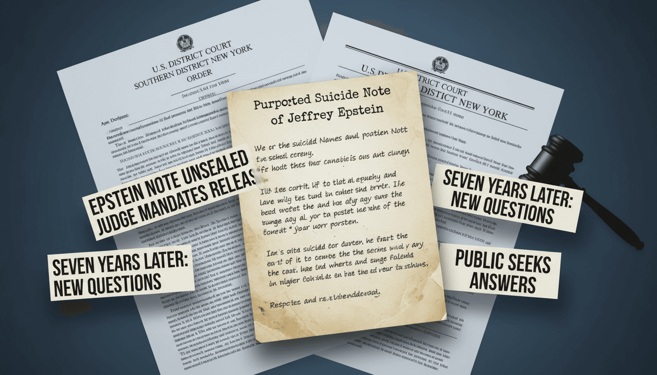 Handwritten note attributed to Jeffrey Epstein with court documents and media headlines in the background.