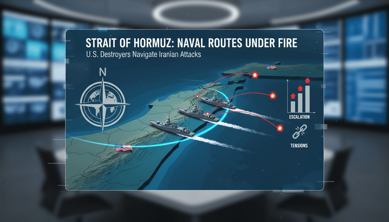 U.S. Navy destroyers navigating the Strait of Hormuz under threat.