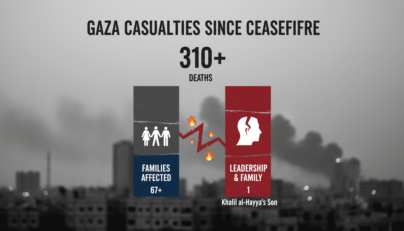 Infographic showing casualties in Gaza since the ceasefire, emphasizing the impact on families and leadership.