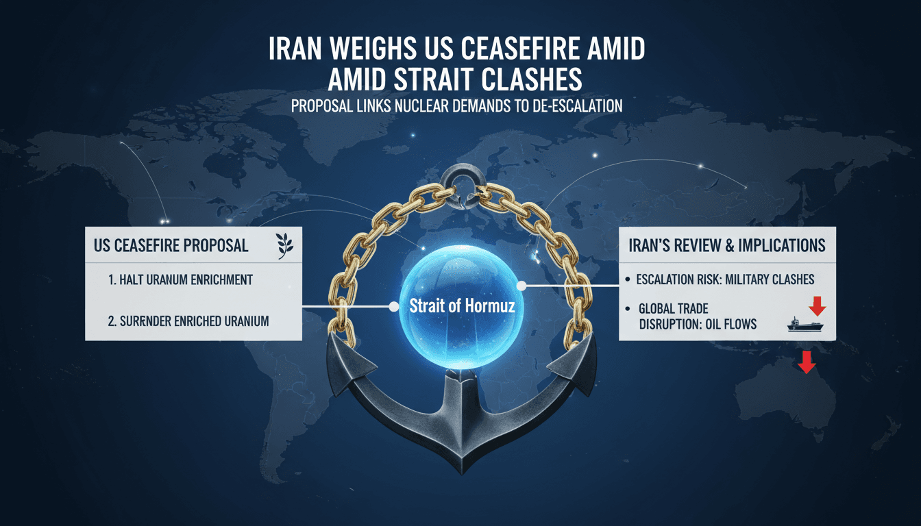 Infographic detailing the US ceasefire proposal and its implications for Iran and global trade.