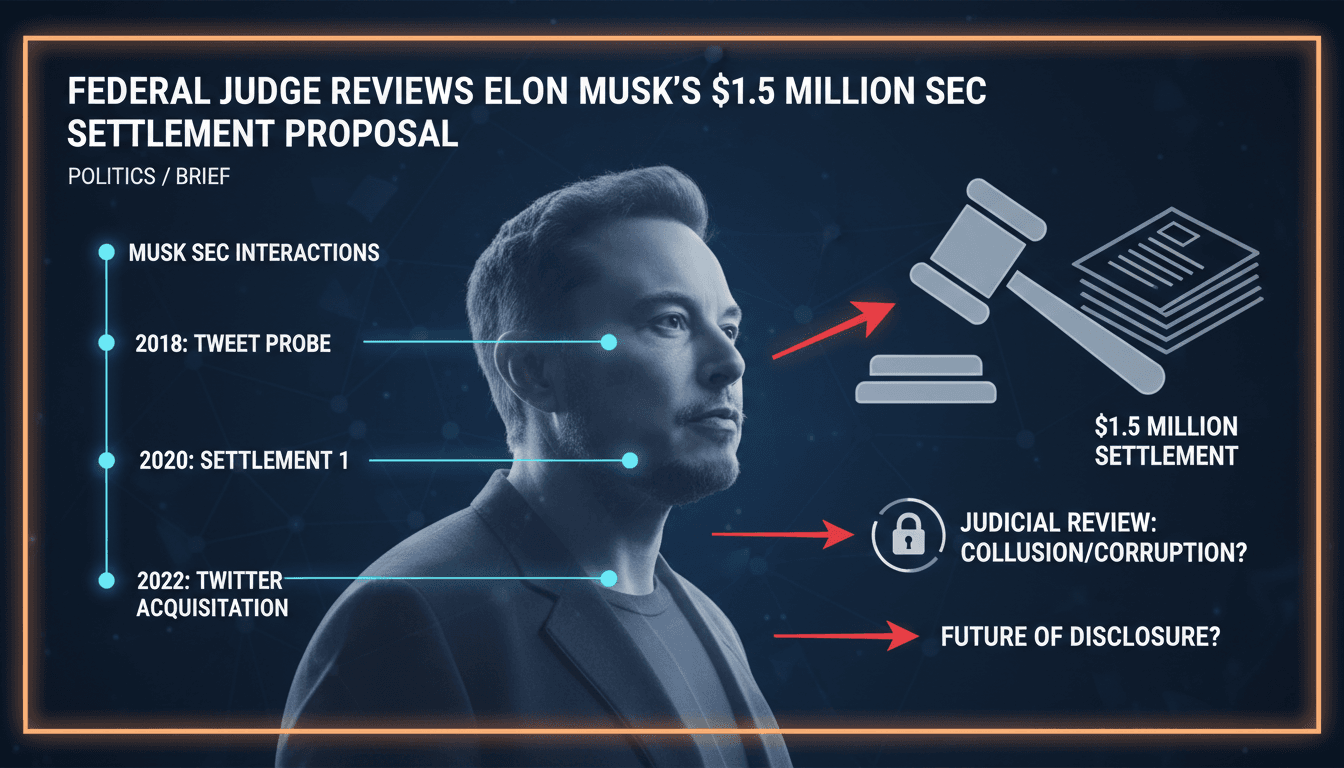 Elon Musk in front of a court building discussing SEC settlement