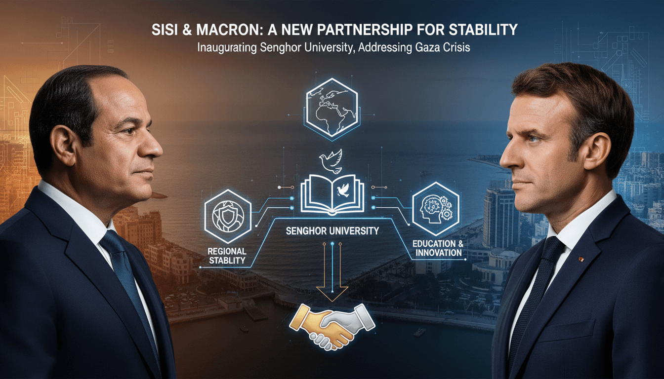 Egyptian President Sisi and French President Macron at Senghor University inauguration