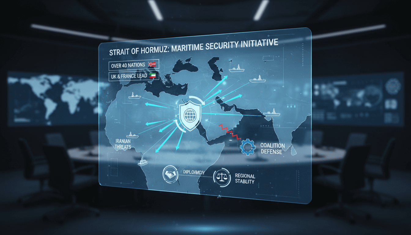 Military ships and aircraft in the Strait of Hormuz for maritime security operations.