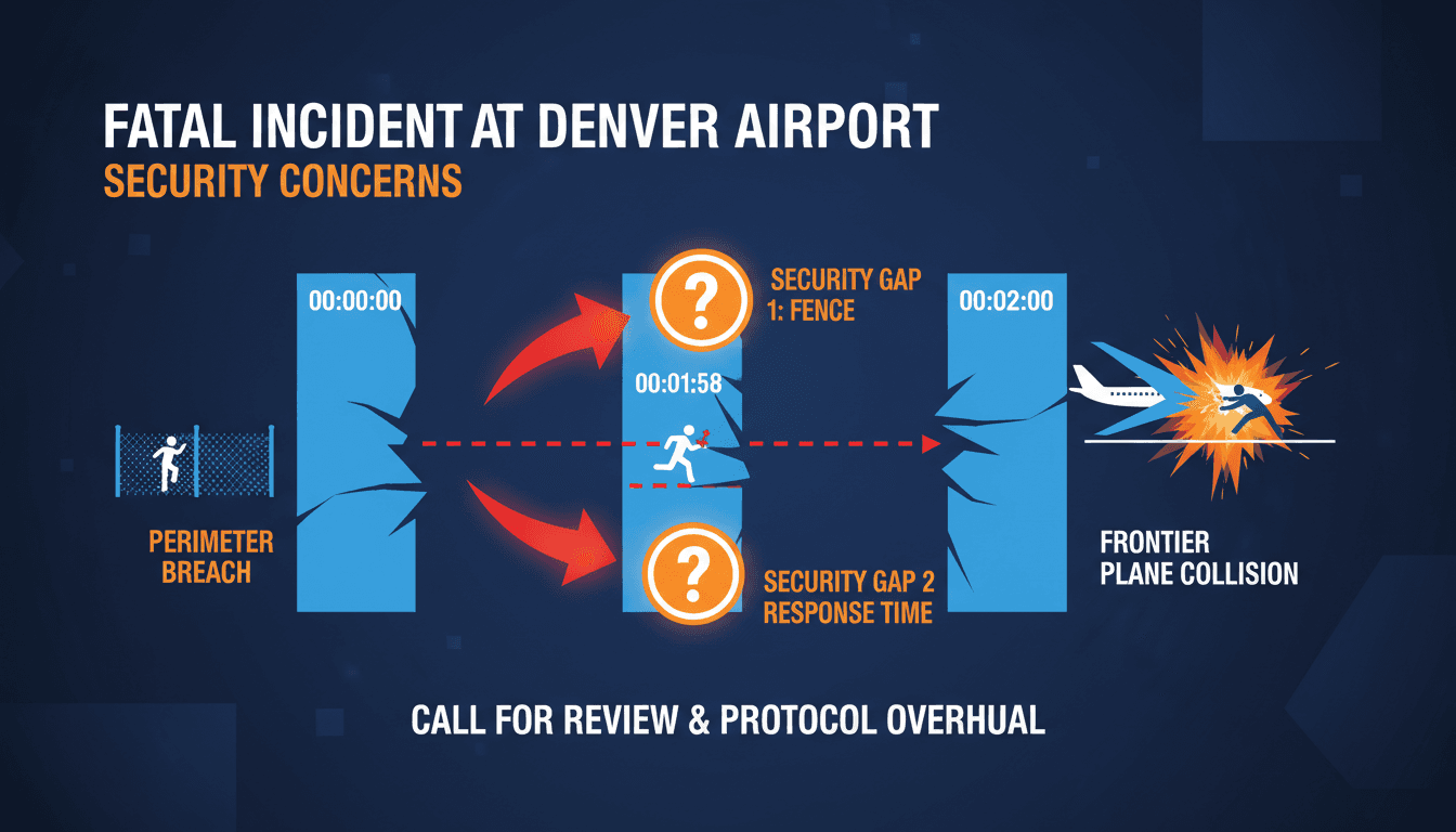 A Frontier Airlines plane at Denver International Airport with security concerns highlighted.
