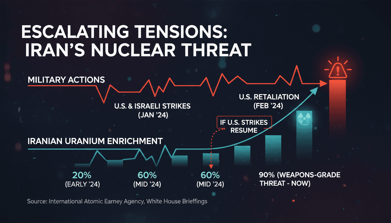 Map showing Iran's uranium enrichment capabilities and U.S. military actions.