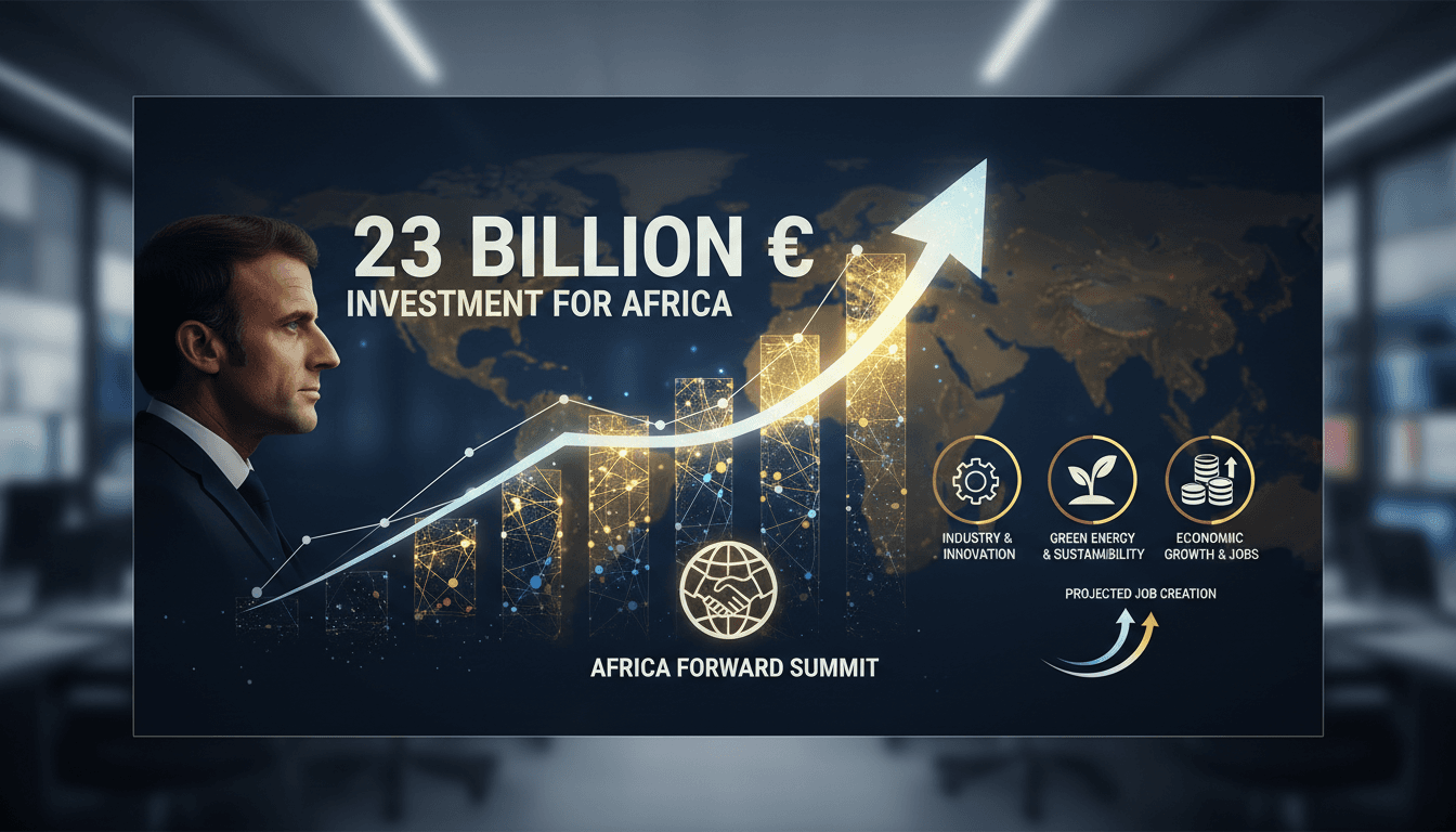 French President Macron at the Africa Forward Summit announcing investment in Africa.