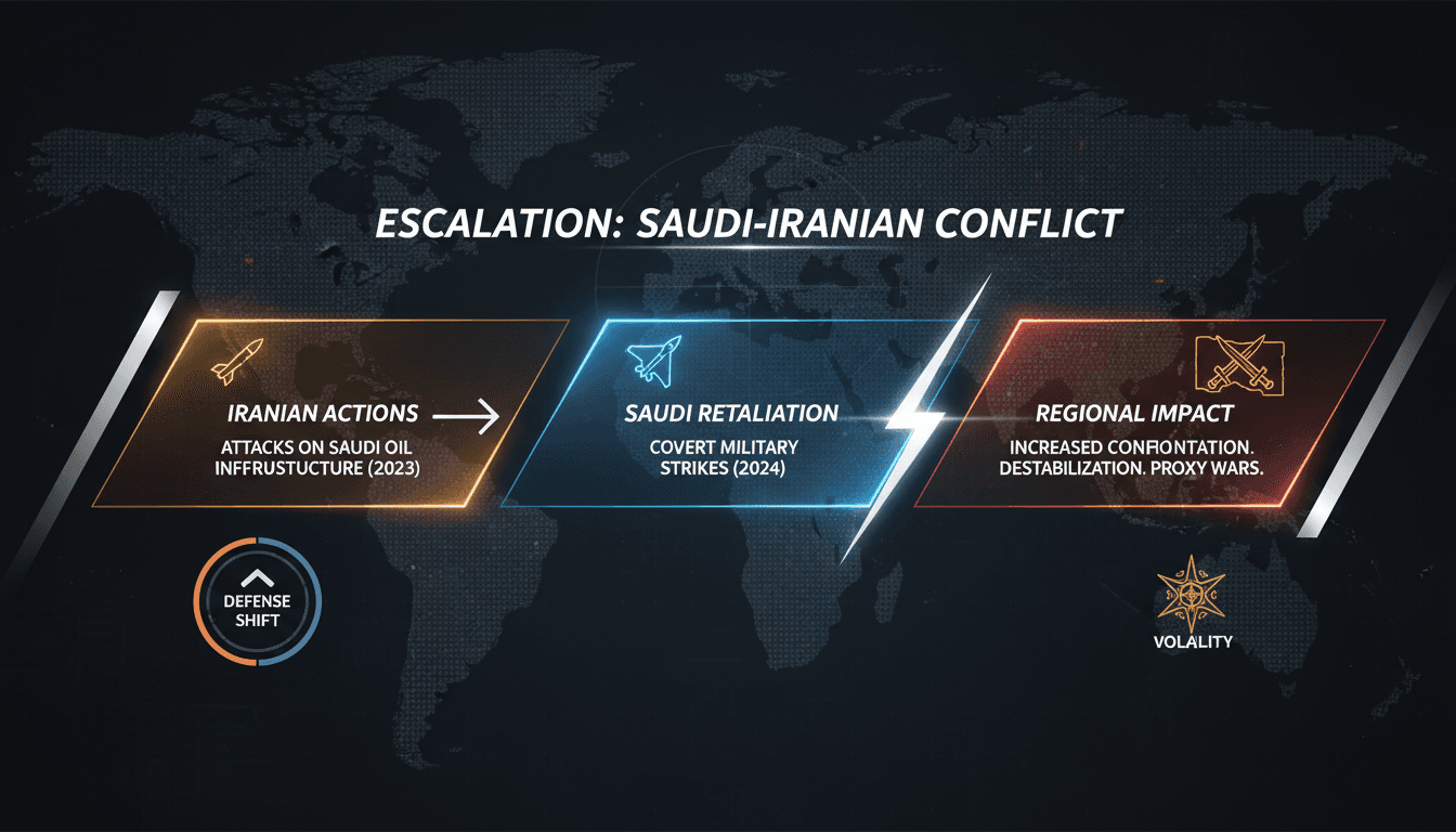 Map highlighting Saudi Arabia and Iran with military action indicators