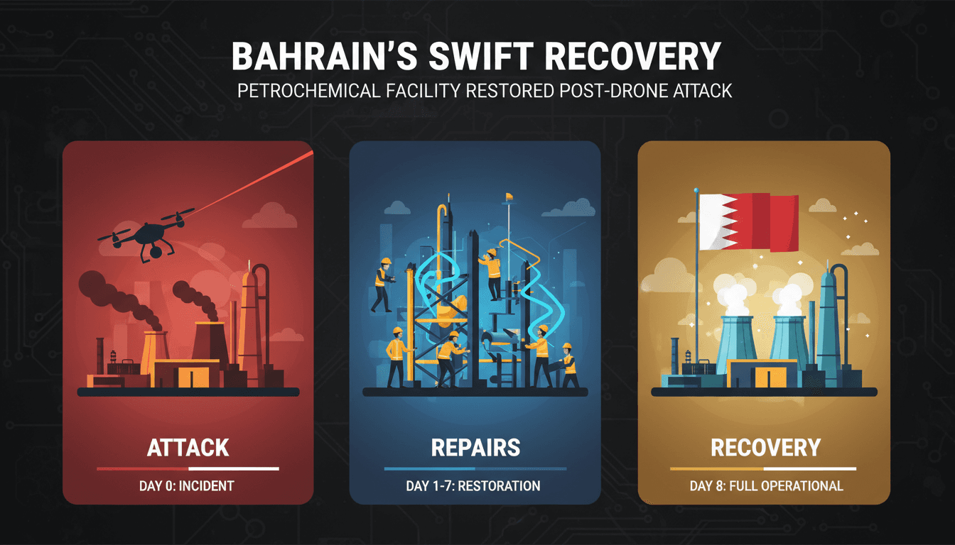 Aerial view of the Gulf Petrochemical Industries Company facility in Bahrain after repairs.