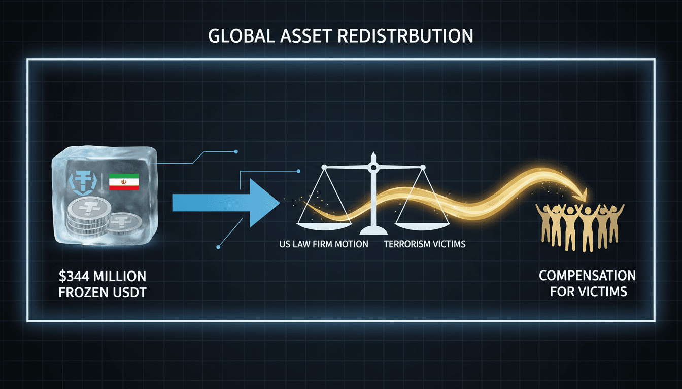 Visual representation of the legal battle over frozen USDT linked to terrorism.