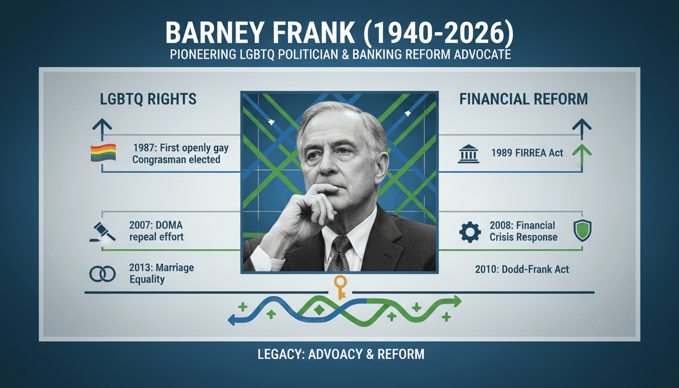 Barney Frank speaking at a political event, advocating for LGBTQ rights and financial reform.