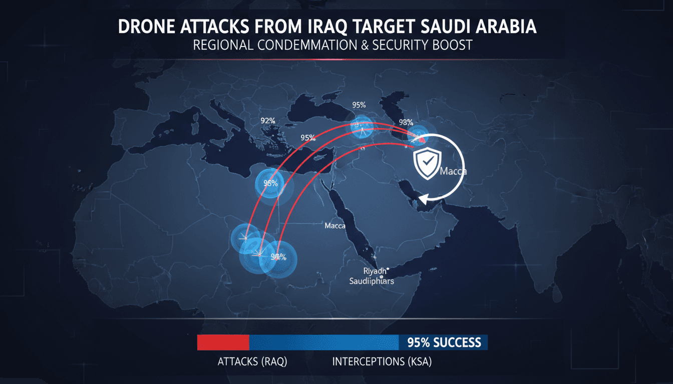 A map showing the trajectory of drone attacks from Iraq to Saudi Arabia.