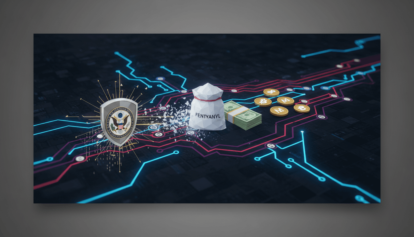 US Treasury building with a focus on cryptocurrency and drug trafficking themes.