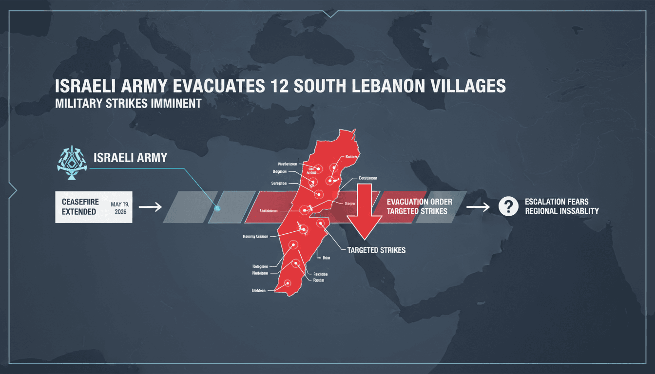 Map showing the 12 villages in southern Lebanon affected by the evacuation order.
