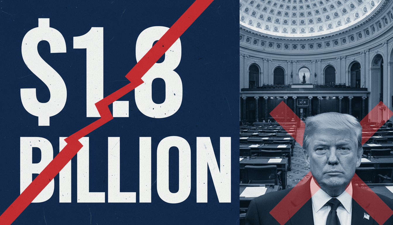 A graphic depicting the $1.8 billion fund proposal with Senate imagery and Trump.