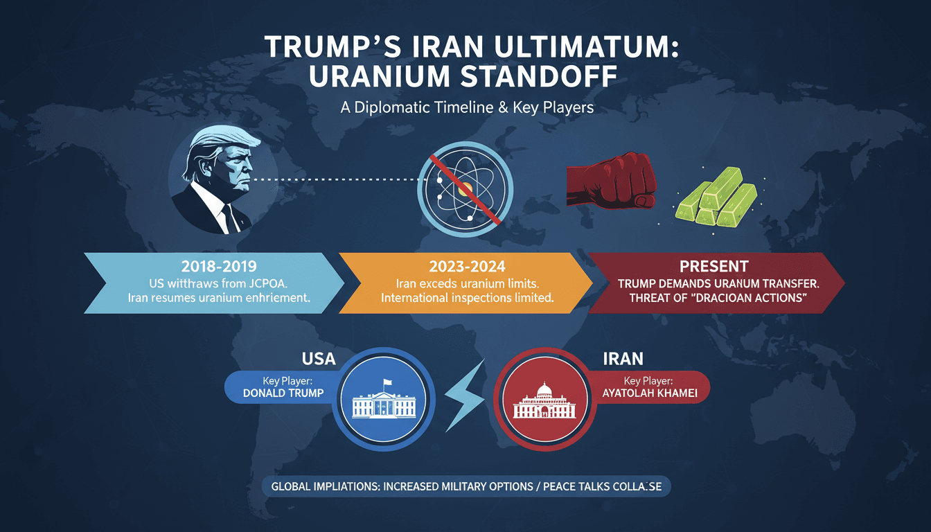 Infographic detailing the Iran uranium crisis and key diplomatic players involved.