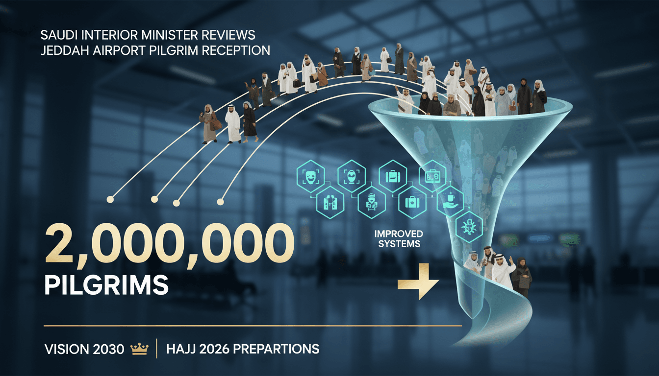 A welcoming scene at King Abdulaziz Airport, showcasing improvements for Hajj pilgrims.