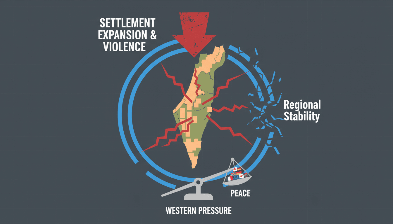 Map highlighting Israeli settlements in the West Bank and areas of conflict.