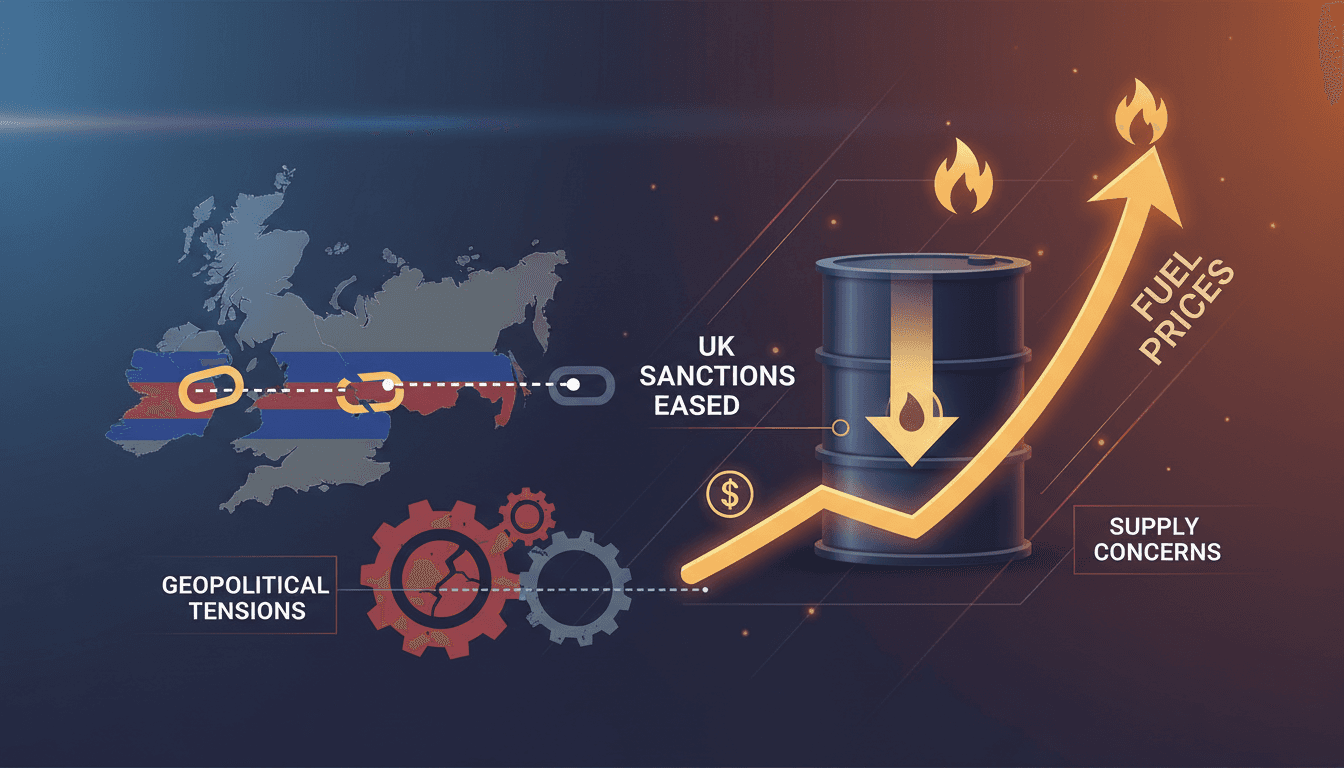 UK flag and oil barrels symbolizing sanctions and energy policy