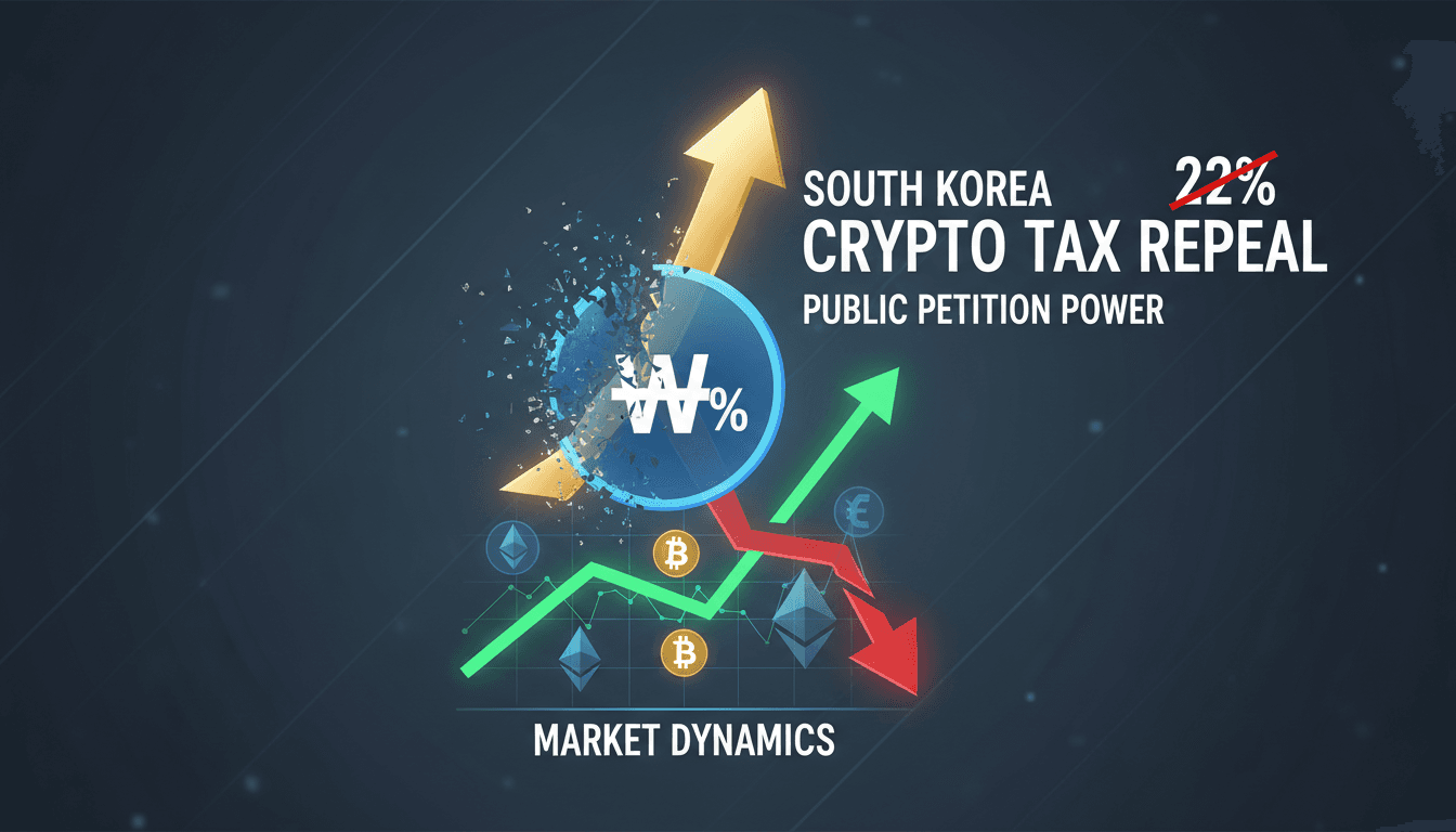 South Korea's National Assembly building with cryptocurrency symbols