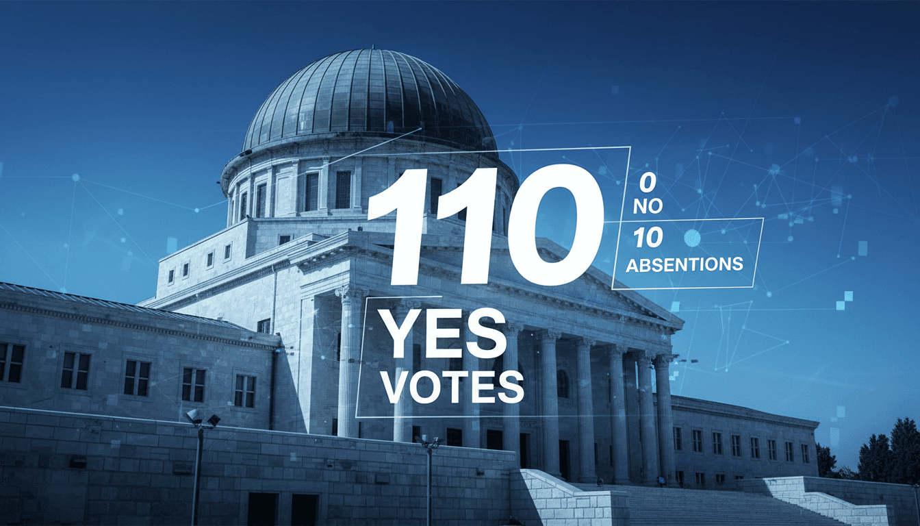 A visual of the Knesset building with a vote tally showing 110 votes for dissolution.