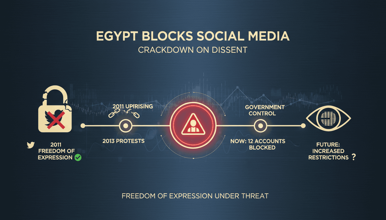 Illustration of social media icons with a lock symbol, representing censorship in Egypt.