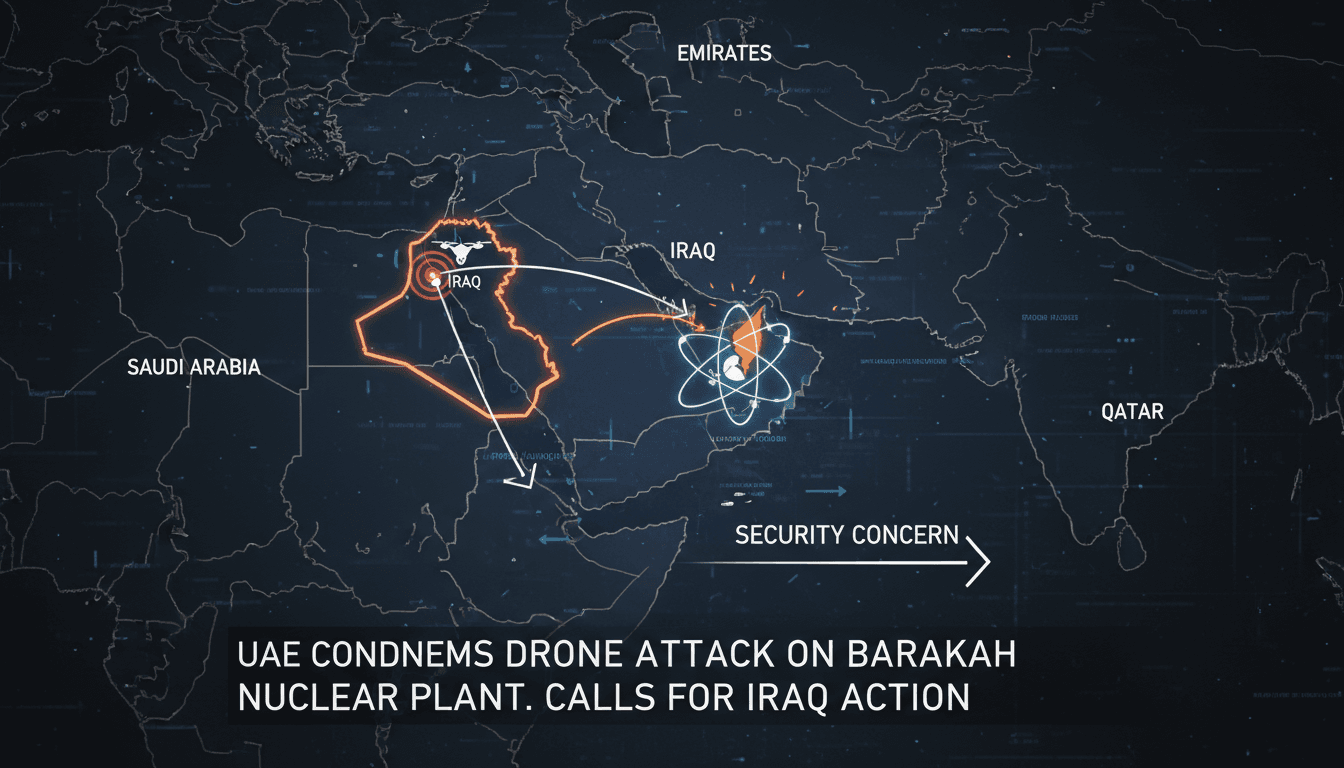Aerial view of Barakah nuclear power plant with security concerns highlighted.