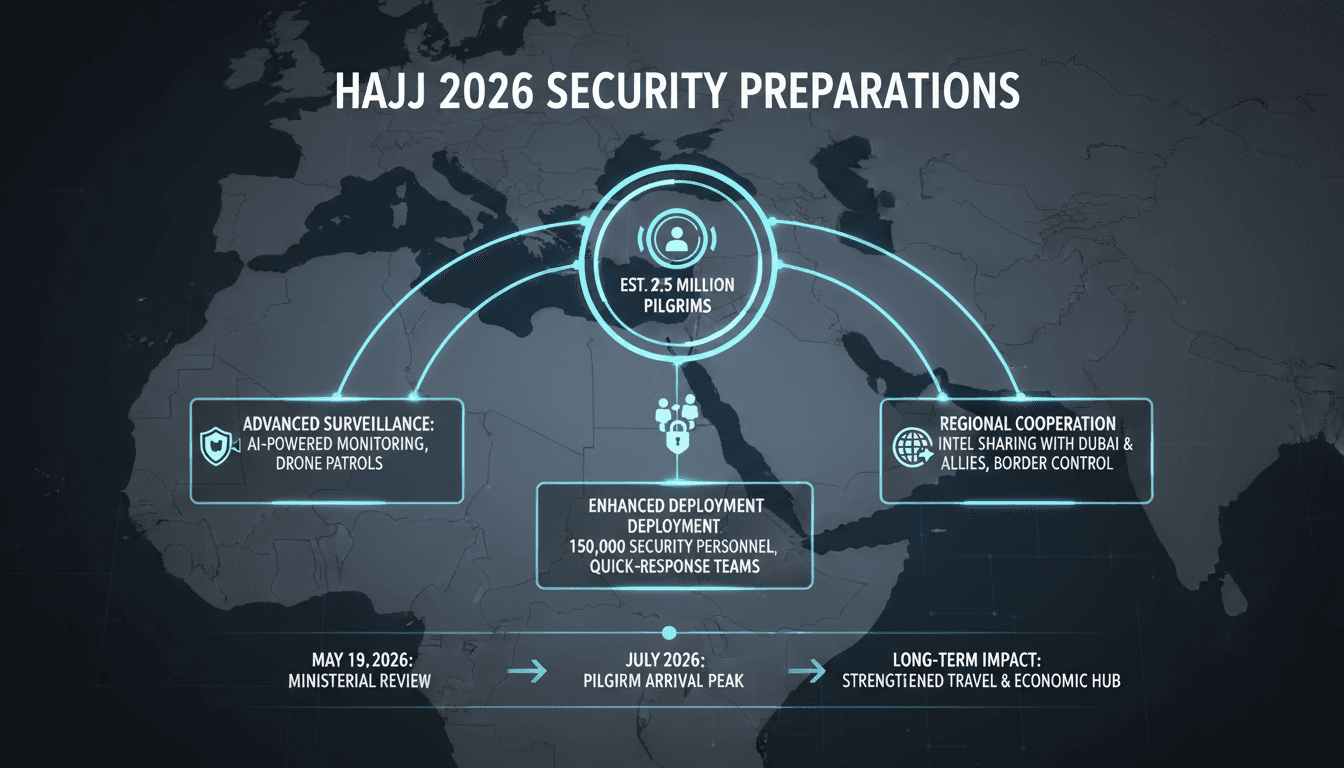 A security personnel briefing for the Hajj pilgrimage in Mecca, highlighting preparations for 2.5 million attendees.