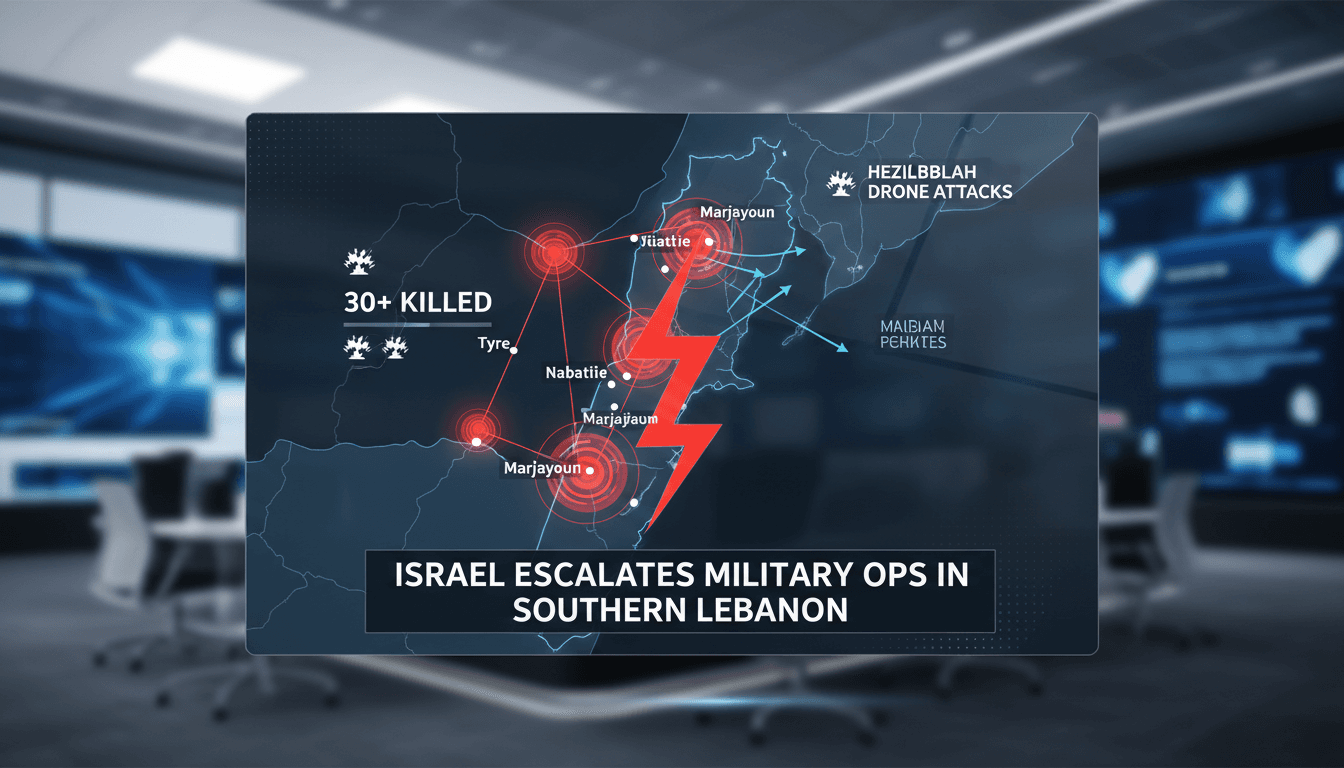 Map showing areas of conflict in southern Lebanon with airstrike details.