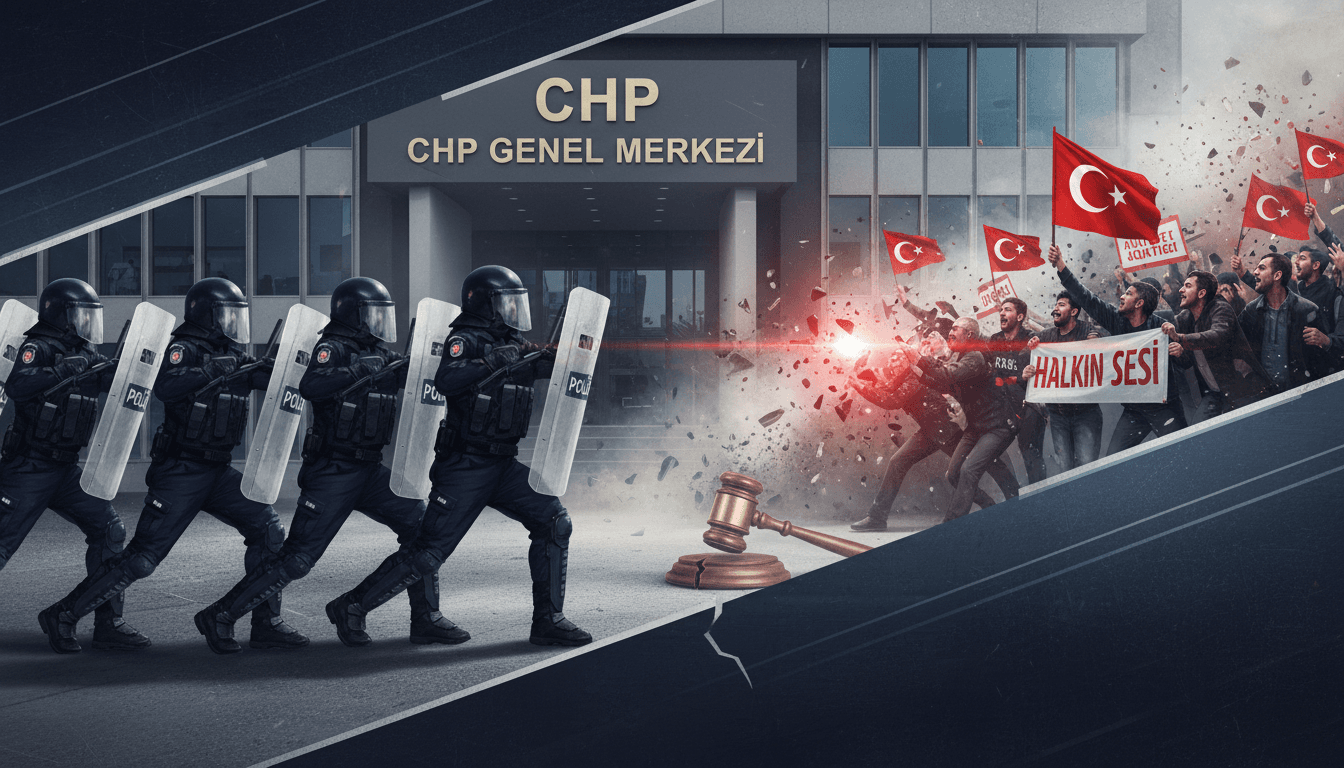 Turkish police clashing with opposition supporters at CHP headquarters during a political crisis.