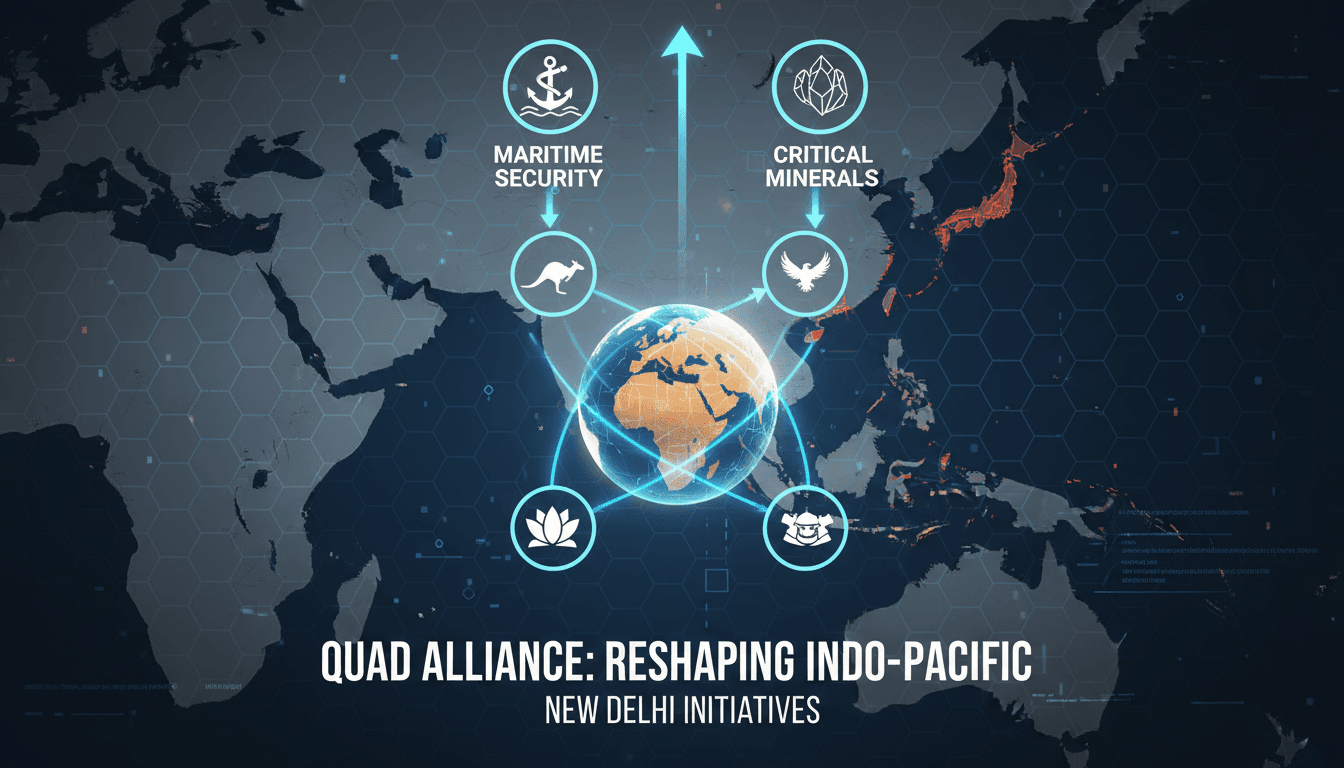 Quad foreign ministers meeting in New Delhi discussing regional security initiatives.