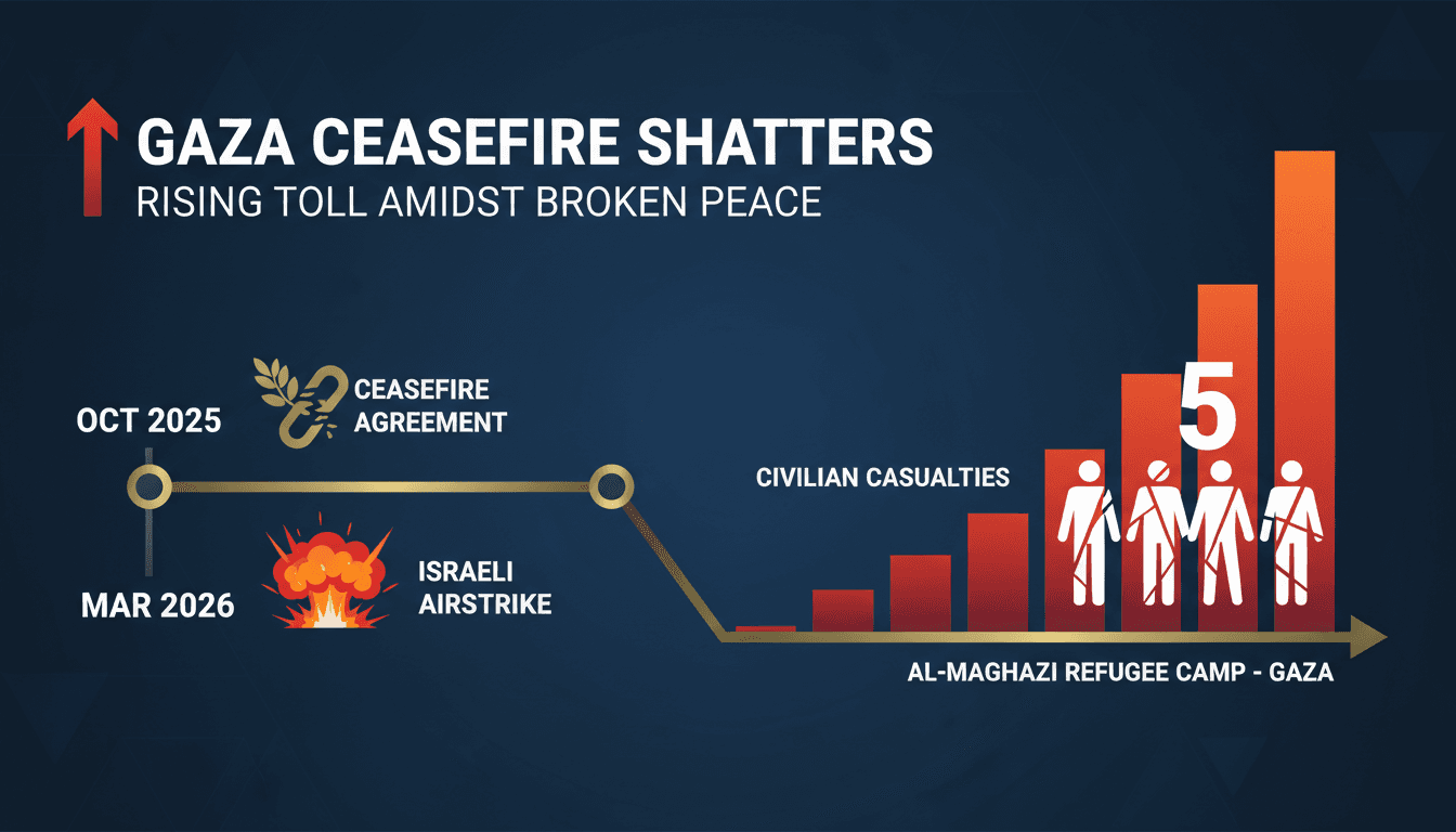 Israeli airstrike in Gaza with smoke rising from the Al-Maghazi camp.