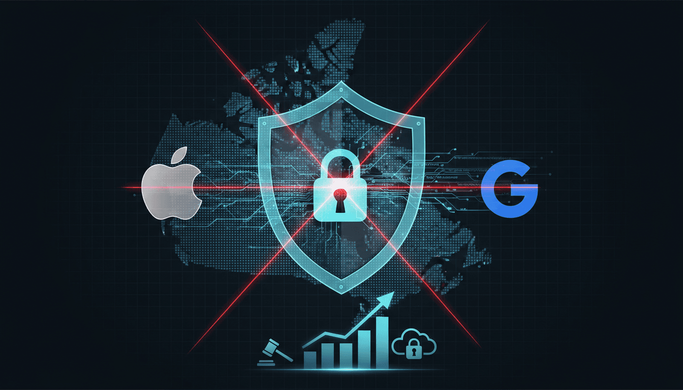 Apple and Google logos with a backdrop of digital privacy symbols.