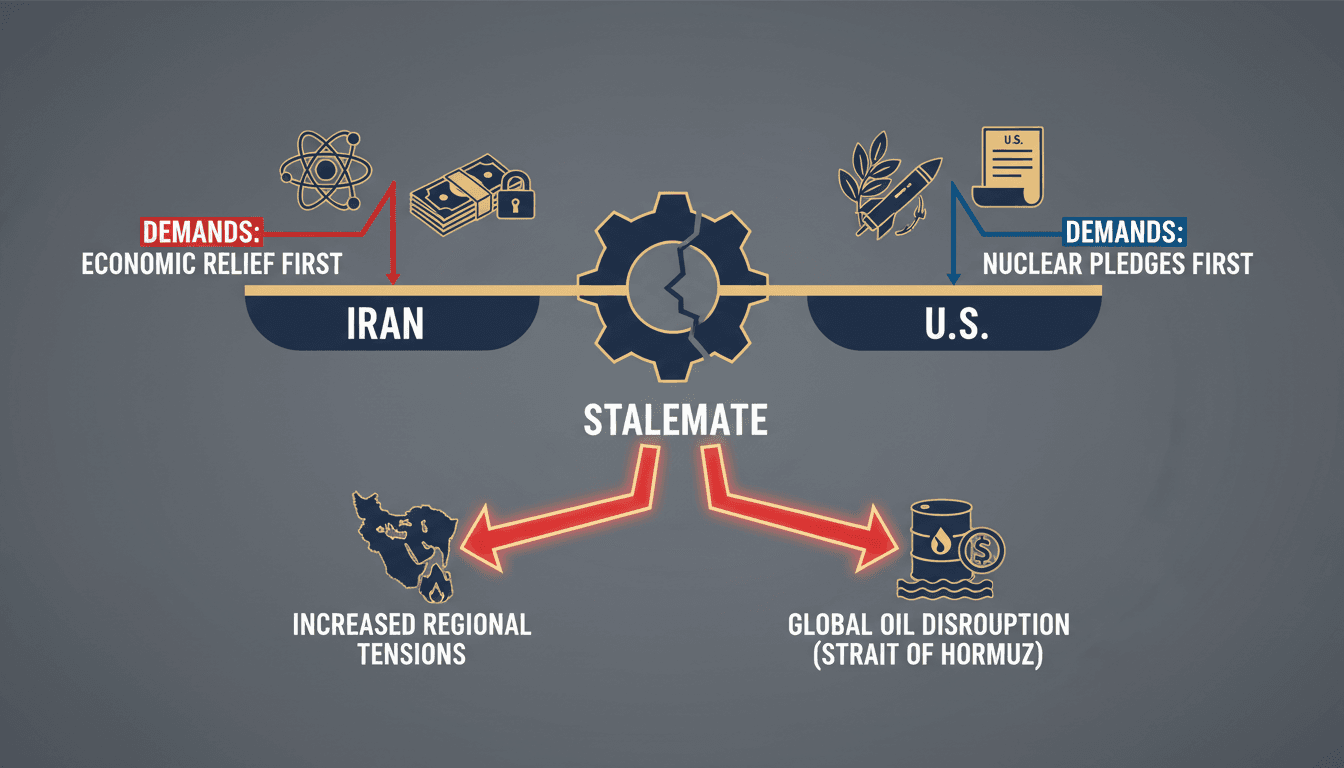 Infographic illustrating the Iran-U.S. negotiations stalemate and its impact on global oil markets.