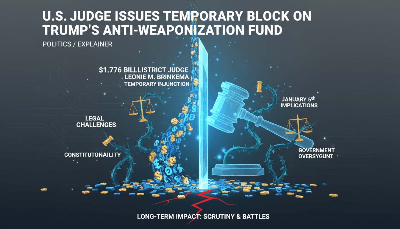 Infographic showing the flow of funds from Trump's anti-weaponization fund and its legal challenges.