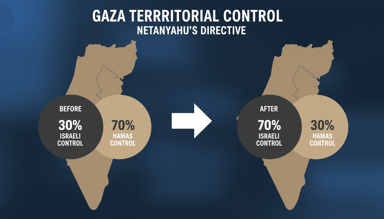 Infographic showing the increase in Israeli military control over Gaza from 64% to 70% following Netanyahu's directive.