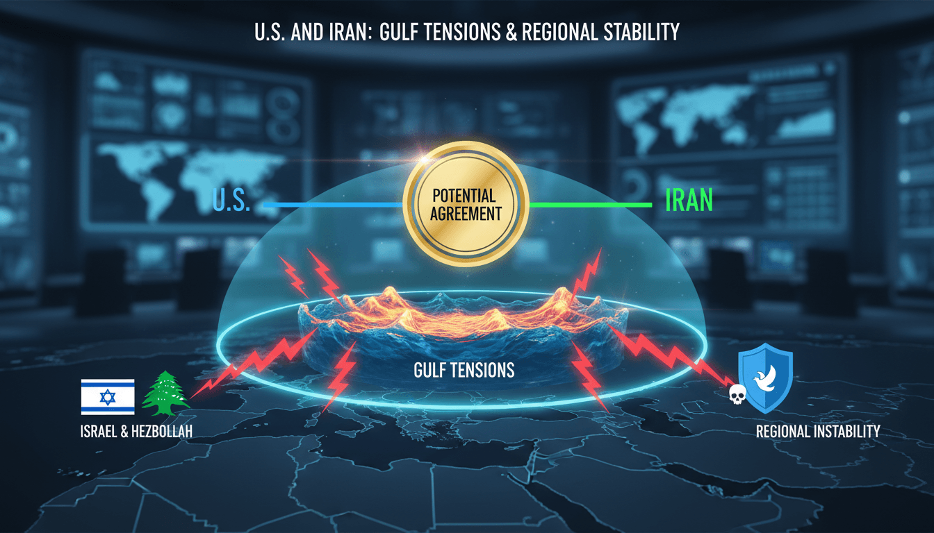 U.S. and Iran flags with a backdrop of the Gulf region