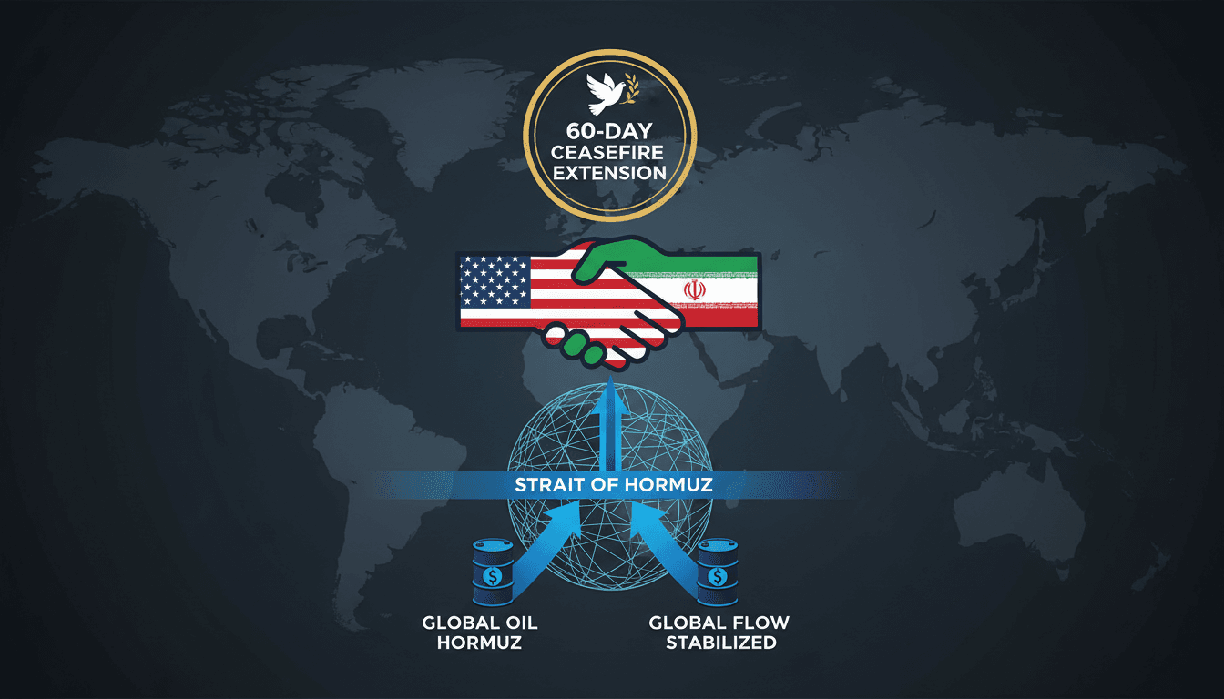 Infographic illustrating the US-Iran ceasefire negotiations and their impact on global oil trade.