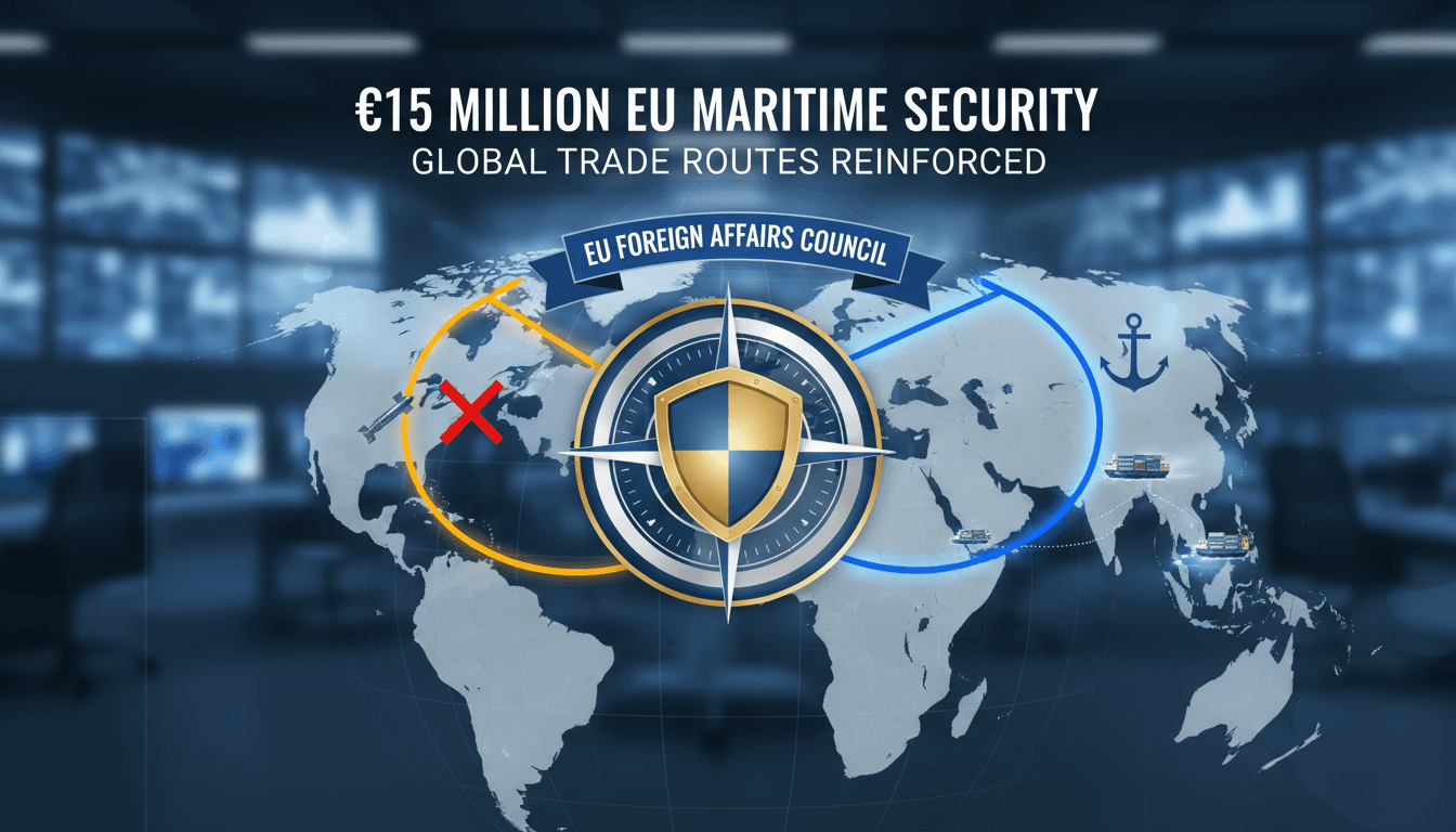 Infographic detailing EU Foreign Affairs Council meeting outcomes, focusing on maritime security funding and implications for global trade.
